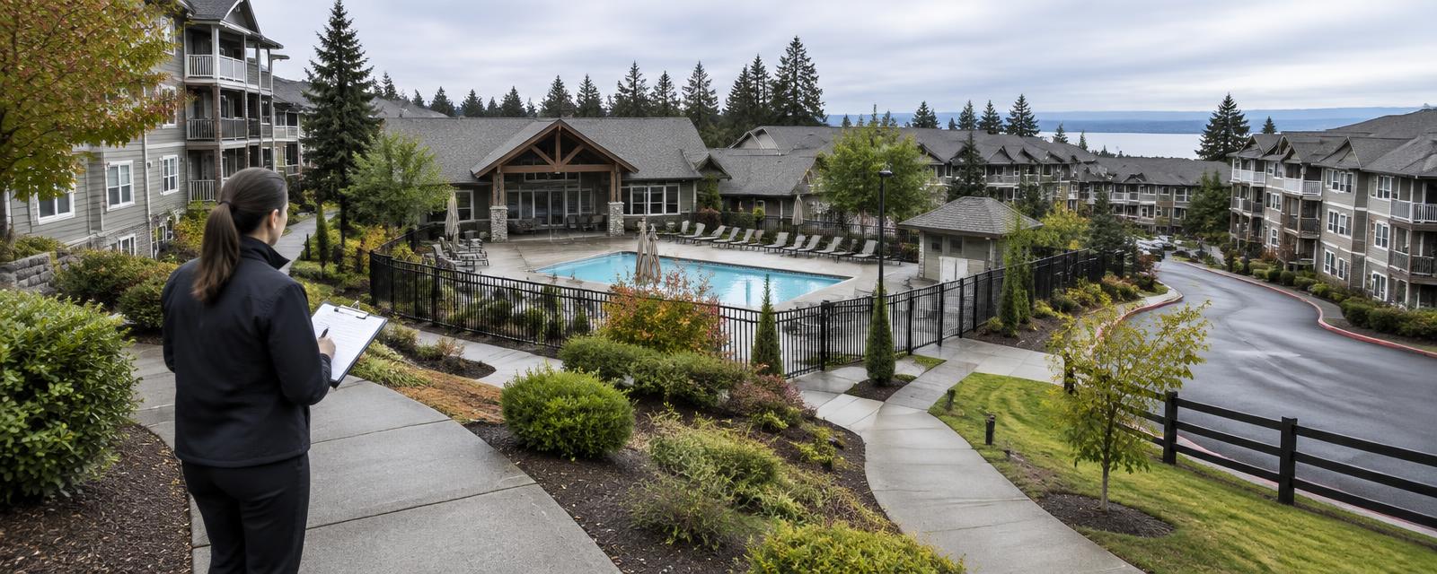 Reserve study professional assessing shared walkways, pool, clubhouse, and roads in a large HOA community