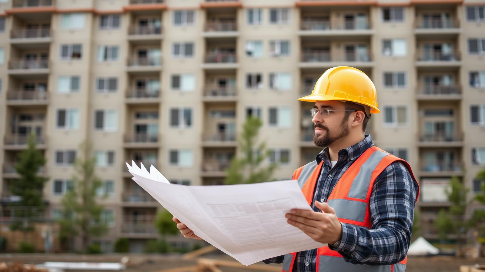 Independent construction manager reviewing plans at a Bellevue HOA project site