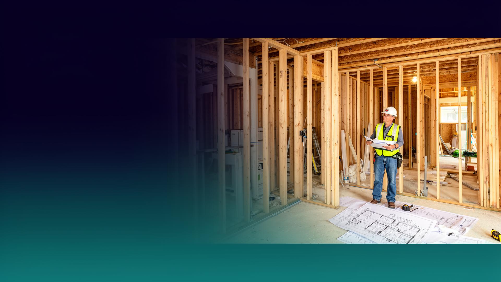 Inspector reviewing exposed framing and blueprints inside a Bellevue property under renovation