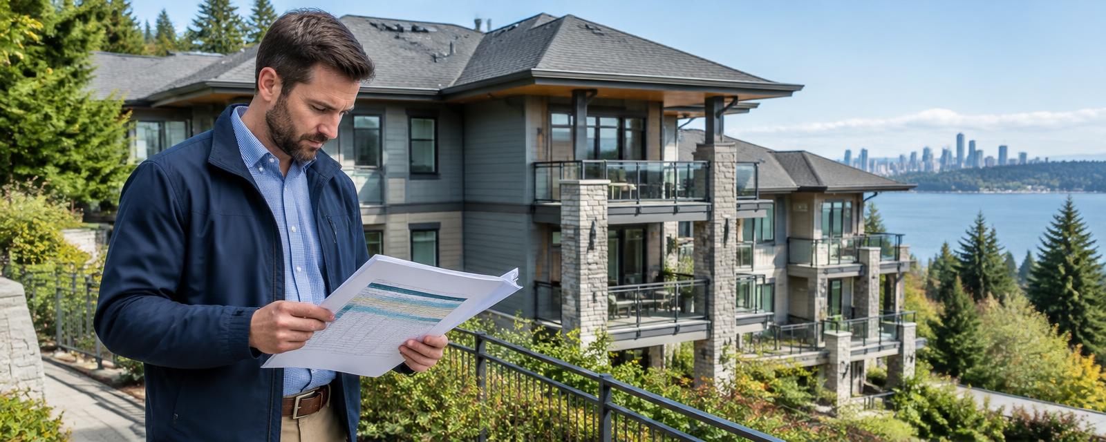 Reserve study professional reviewing an asset lifecycle schedule at a Bellevue condominium community