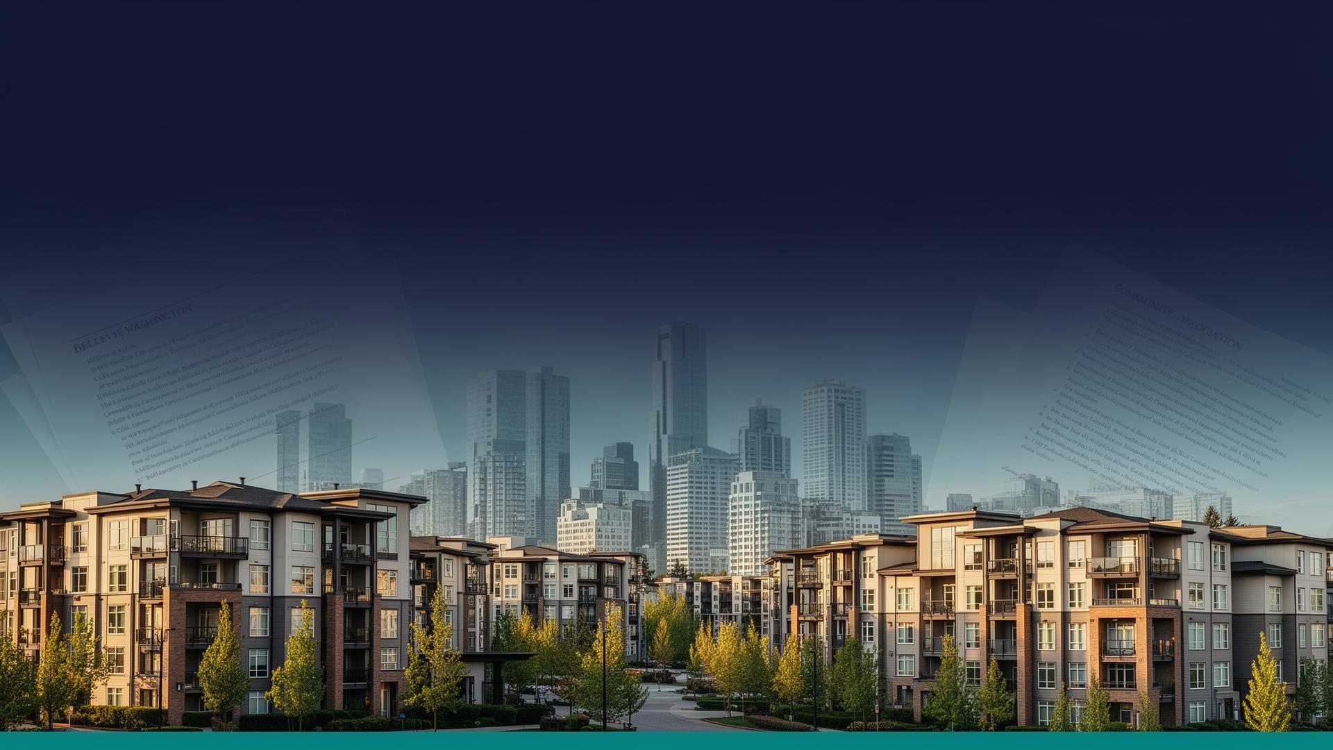 Bellevue Washington condominium community association buildings with the city skyline in the background