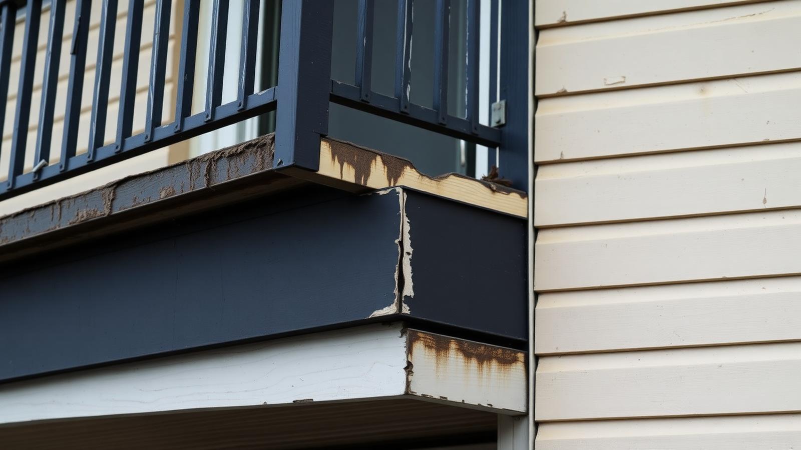 Deteriorated condominium balcony edge and water-stained siding on a Bellevue building