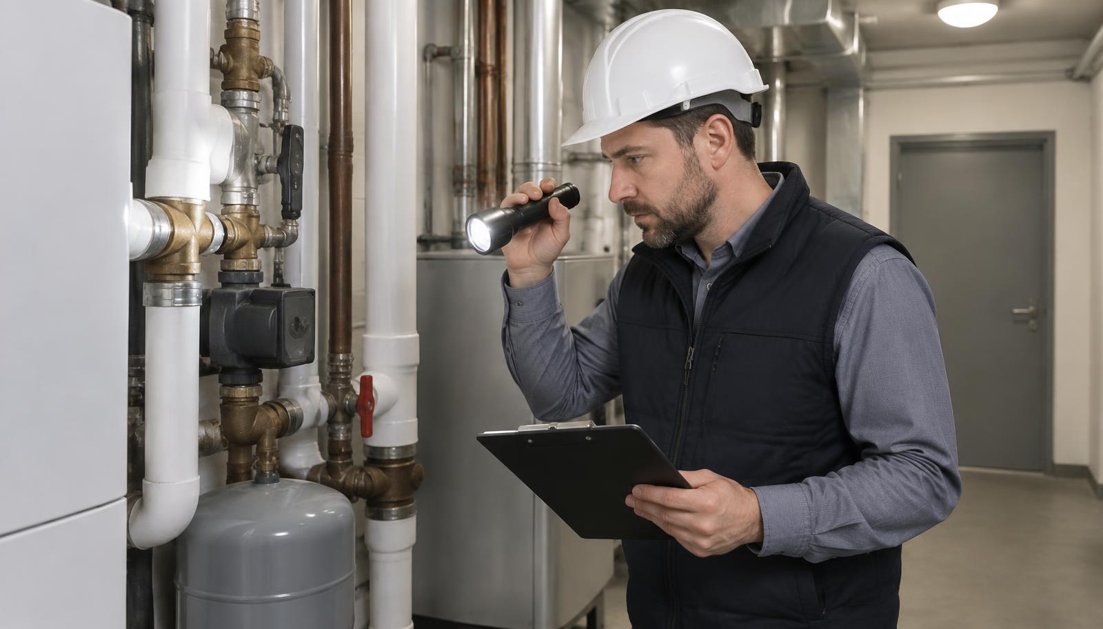 Inspector examining plumbing and mechanical equipment in a condominium mechanical room