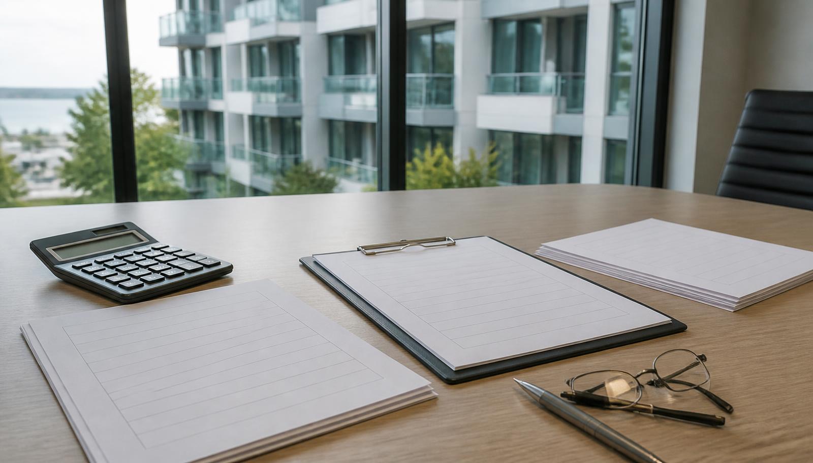 Board condition report pages and a calculator on a conference table overlooking a condominium building