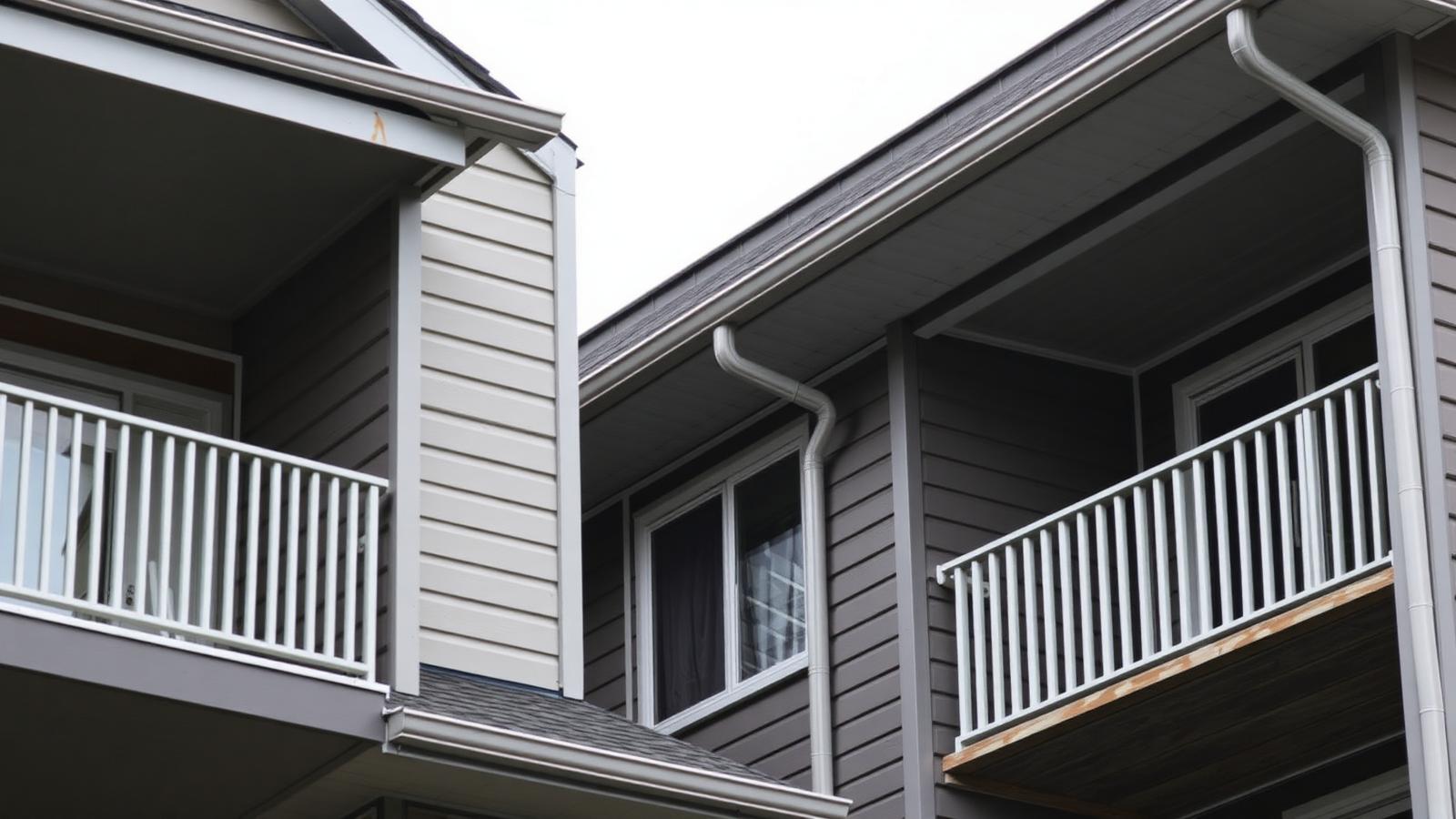 Condominium balconies, siding, and downspouts under an overcast Bellevue sky