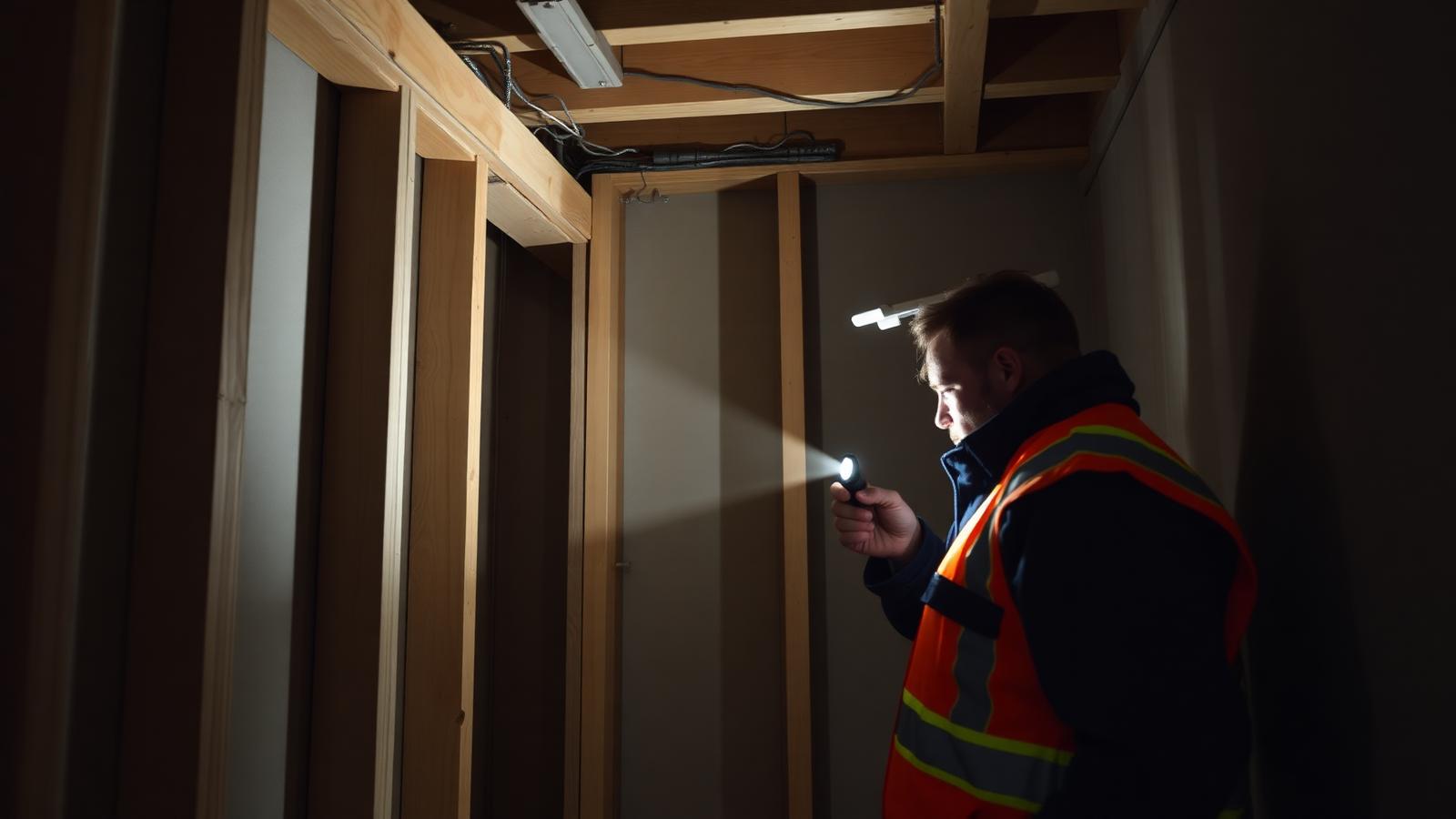 Inspector examining concealed framing inside a condominium wall cavity with a flashlight