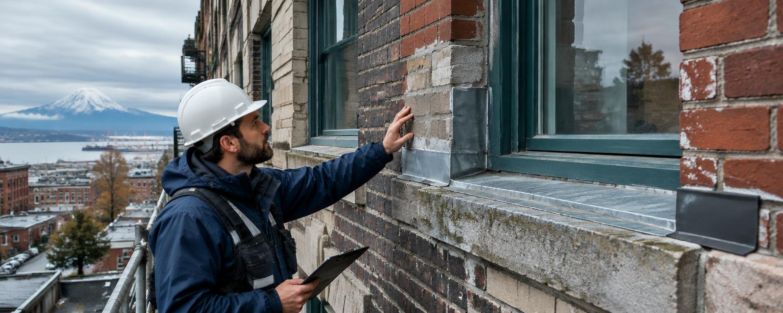Building inspector examining repaired masonry and window flashing on a historic Tacoma property