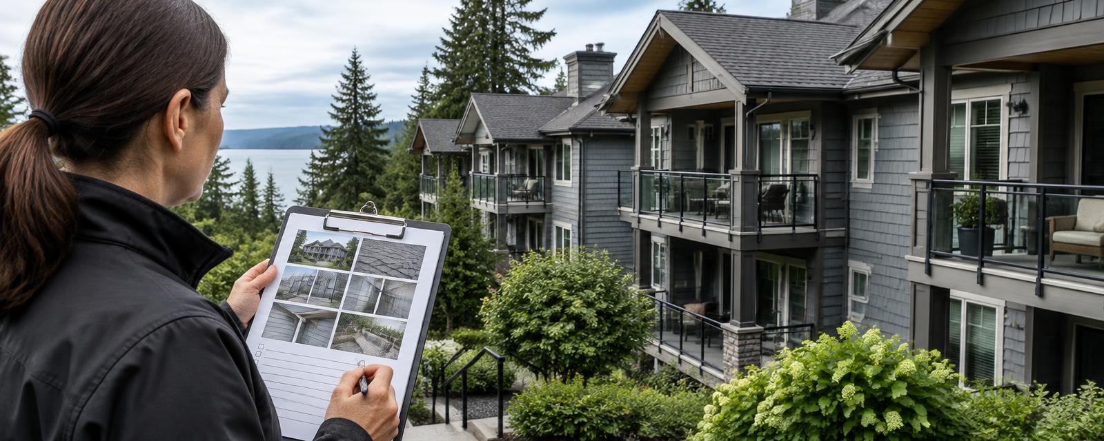 Inspector reviewing dated component photographs outside a Washington condominium community