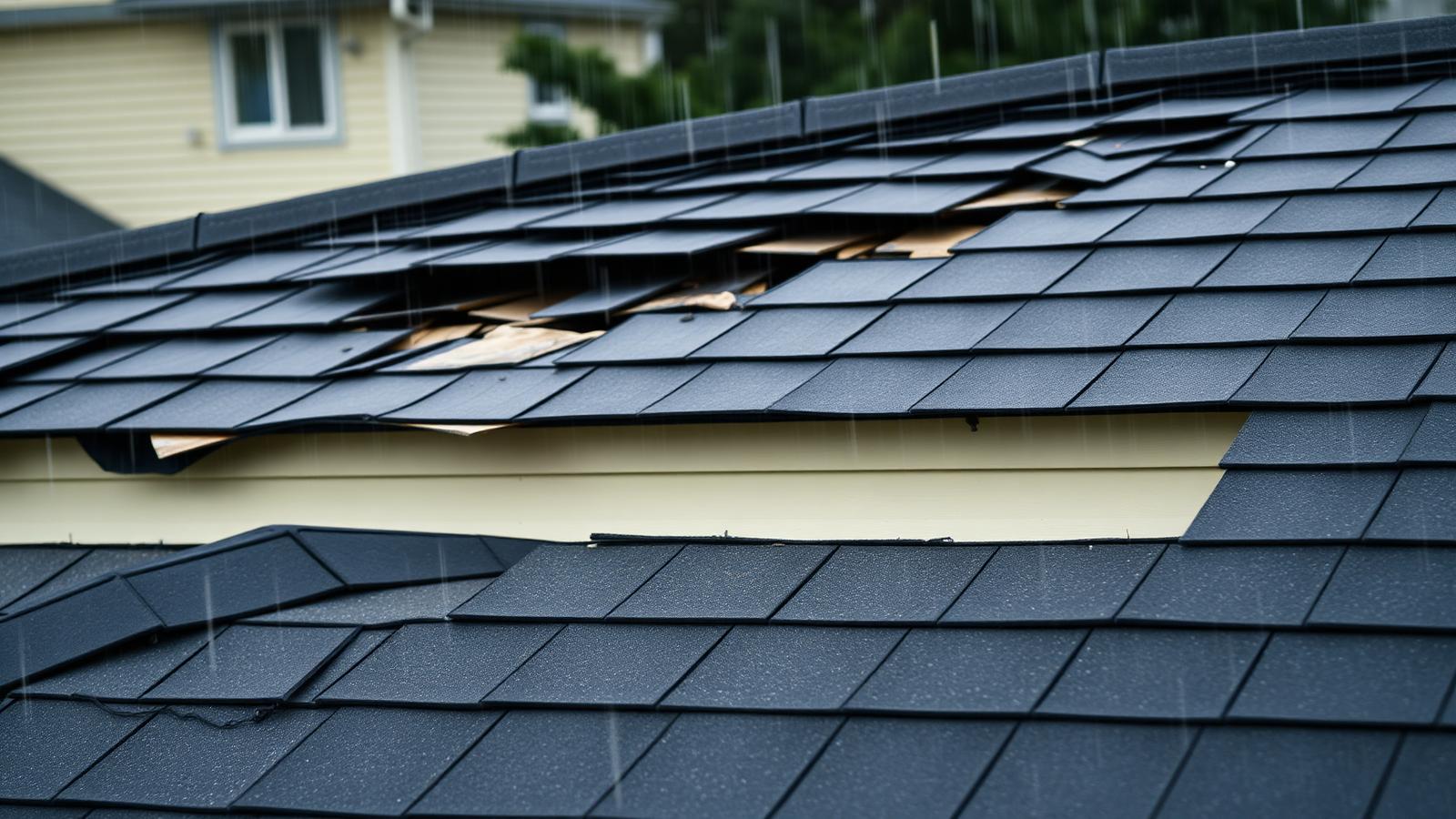 Storm-damaged asphalt shingle roof with lifted shingles on a residential community building in the rain