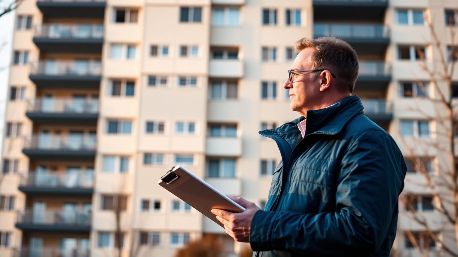 Inspector reviewing a Bellevue condominium exterior with a clipboard in early morning light