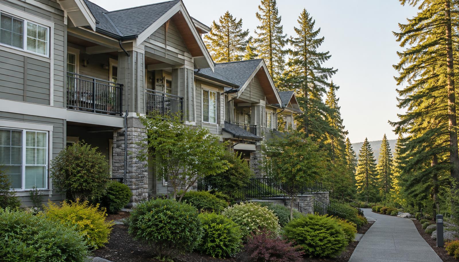 Well-maintained Pacific Northwest condominium community exterior framed by evergreen trees