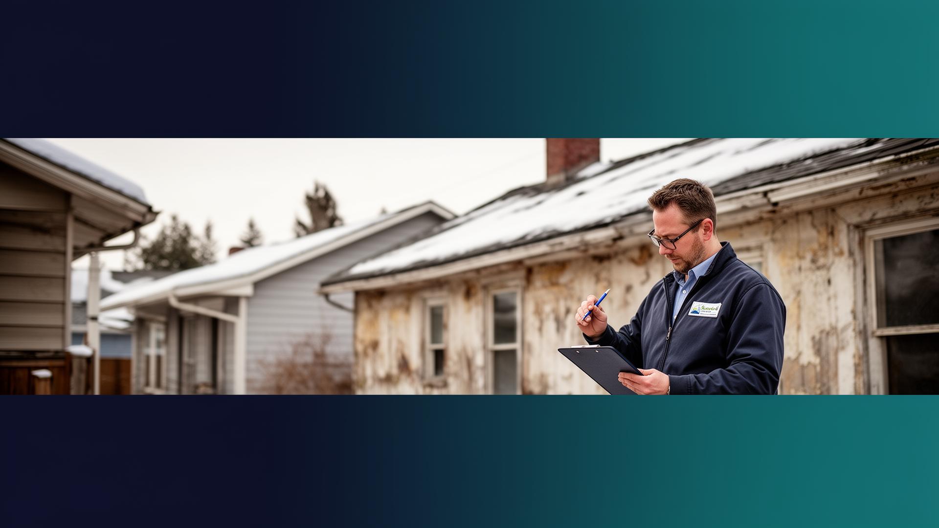 Professional building inspector examining an aging Spokane property exterior with snow on the rooflines