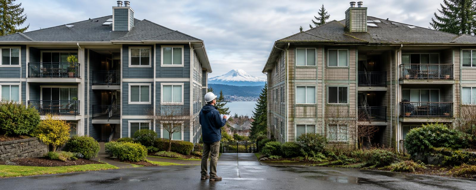 Inspector comparing two same-age Tacoma condominium buildings with different maintenance conditions