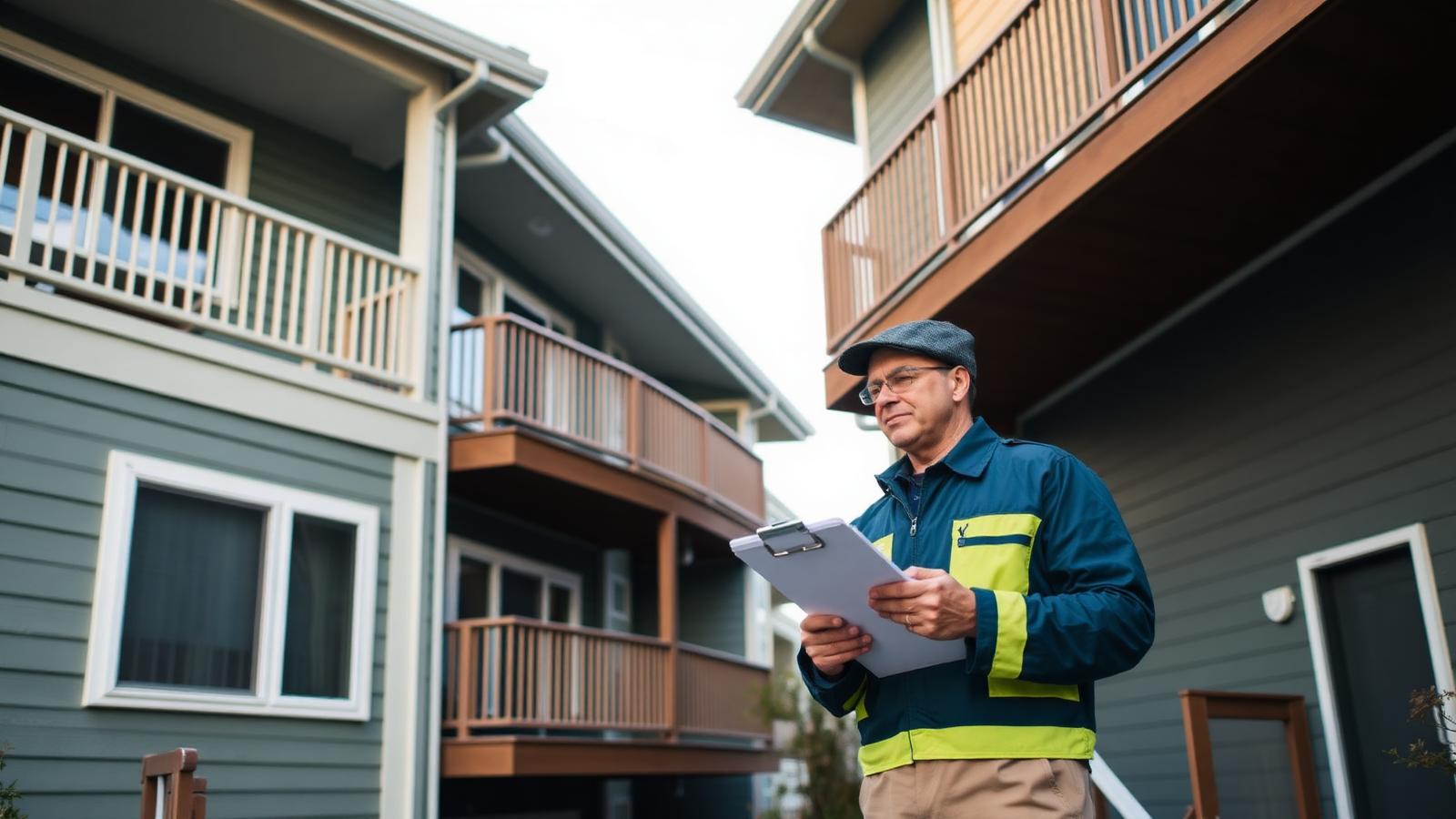 Inspector evaluating balconies and siding at a Tacoma condominium community