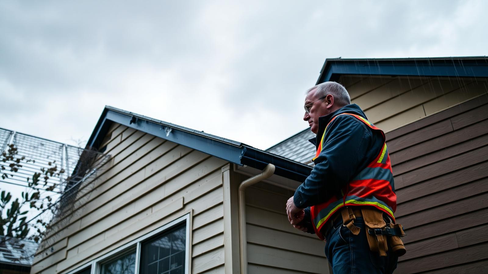 Building inspector assessing a storm-damaged roofline in Tacoma under overcast skies