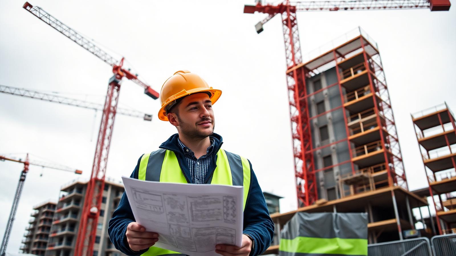 Construction manager reviewing project plans at a Vancouver mid-rise construction site