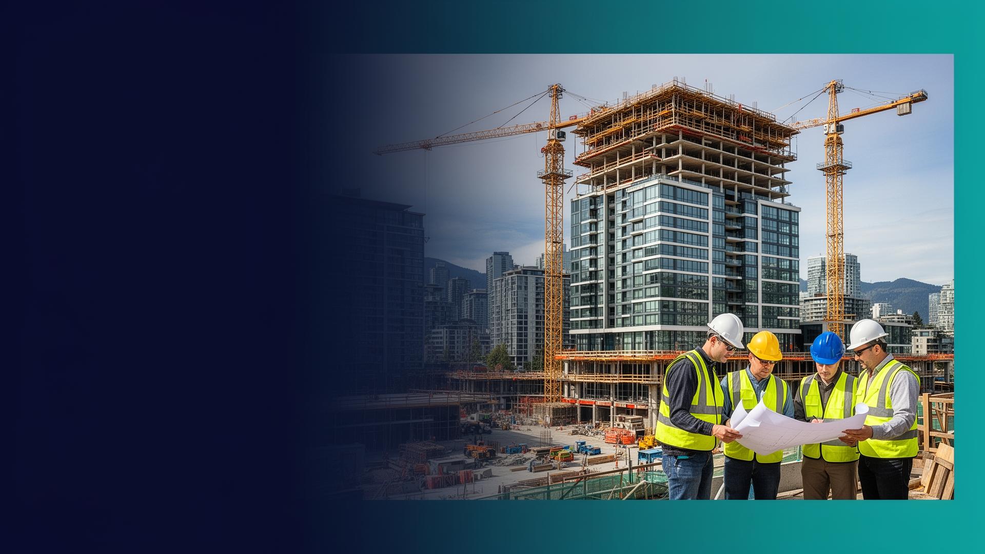 Construction managers reviewing plans at a large scale tower development site in Vancouver with cranes