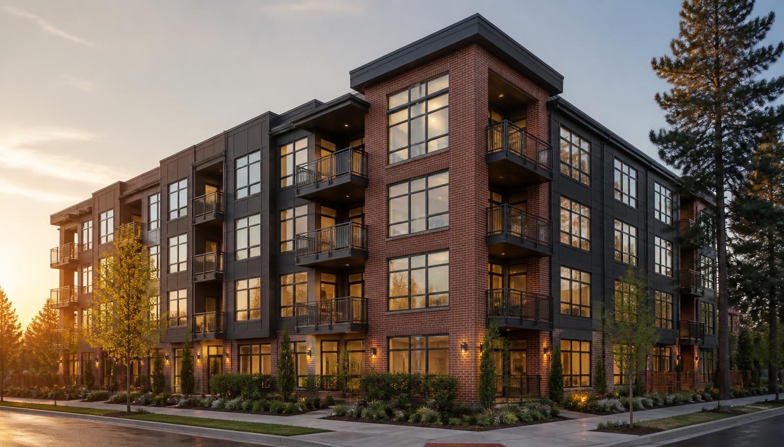 Modern Spokane condominium building exterior at golden hour