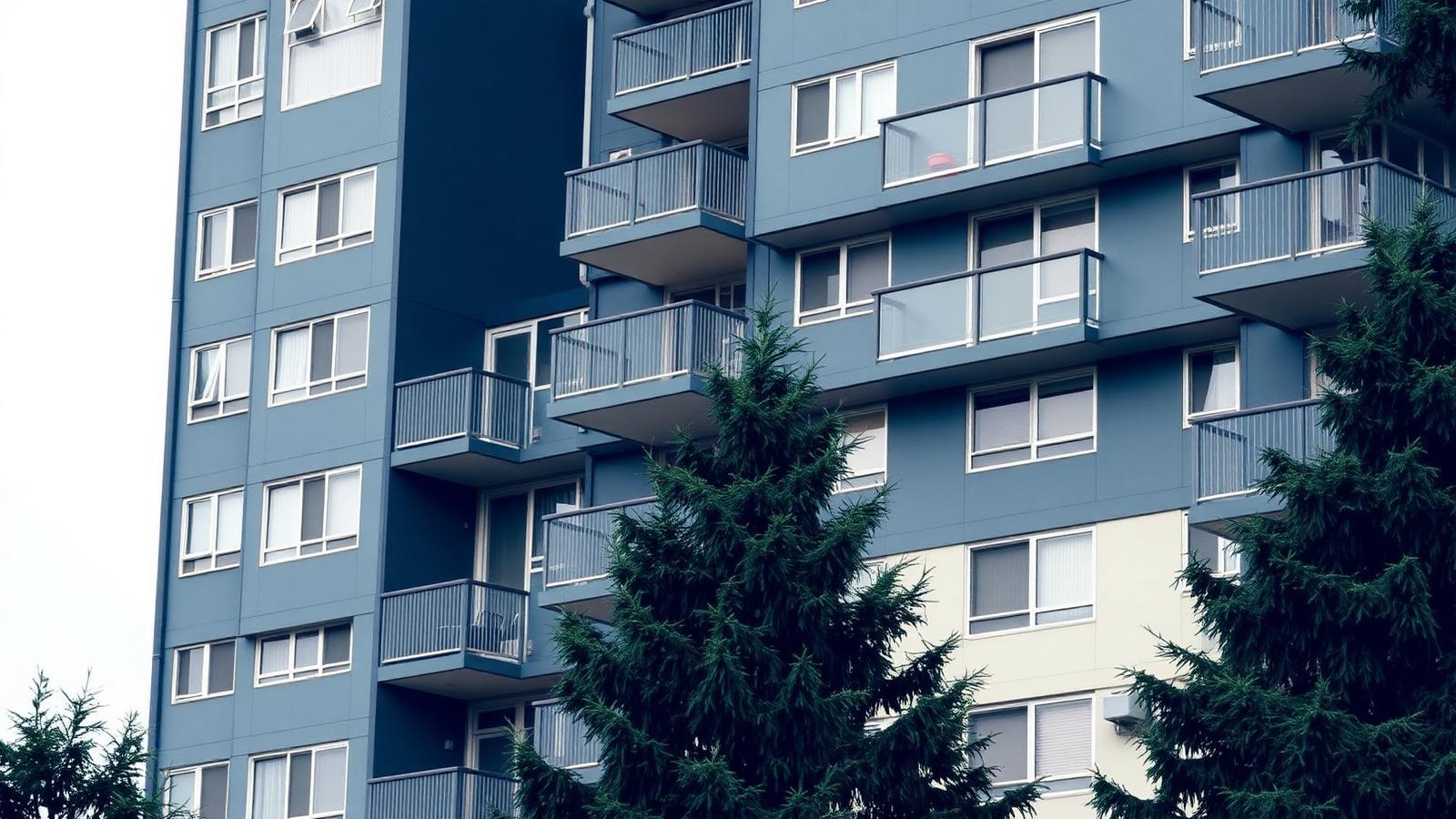 Modern Bellevue condominium facade with balconies framed by evergreen trees